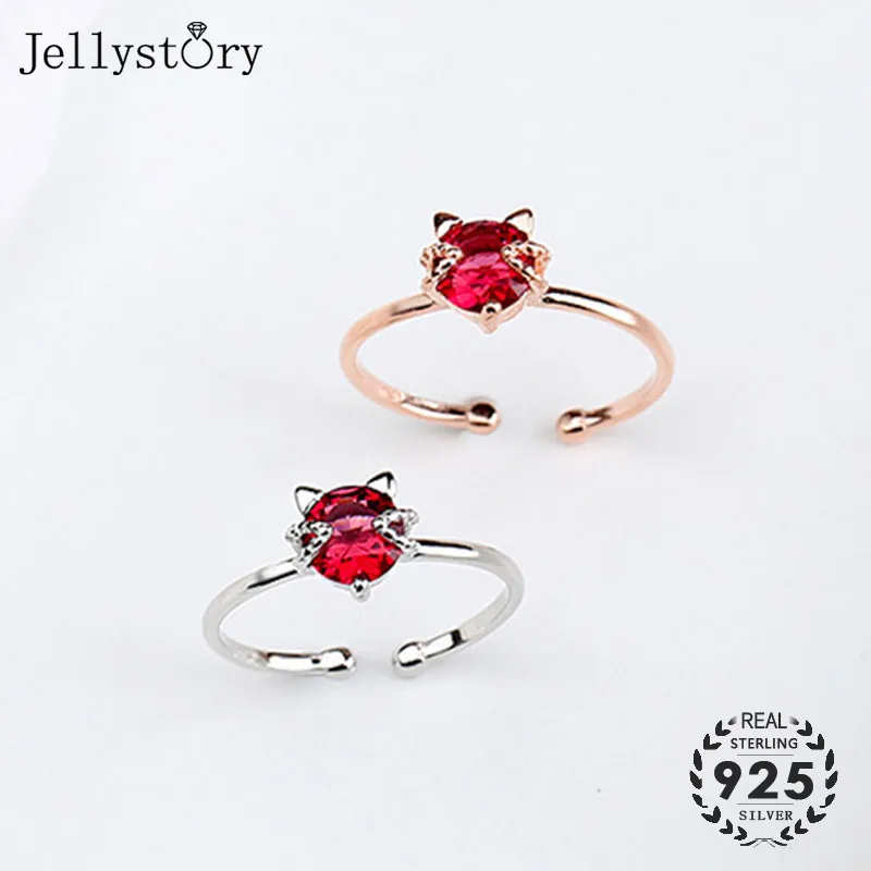 Jellystory, трендовые кольца из серебра 925 пробы с изображением кота, рубиновые драгоценные камни для женщин, хорошее ювелирное изделие, регулируемое Открытое кольцо, подарки для свадебной вечеринки