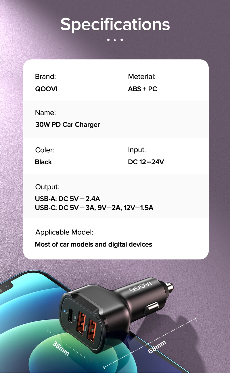30W PD USB C Car Charger Quick Charge 4.0 3.0