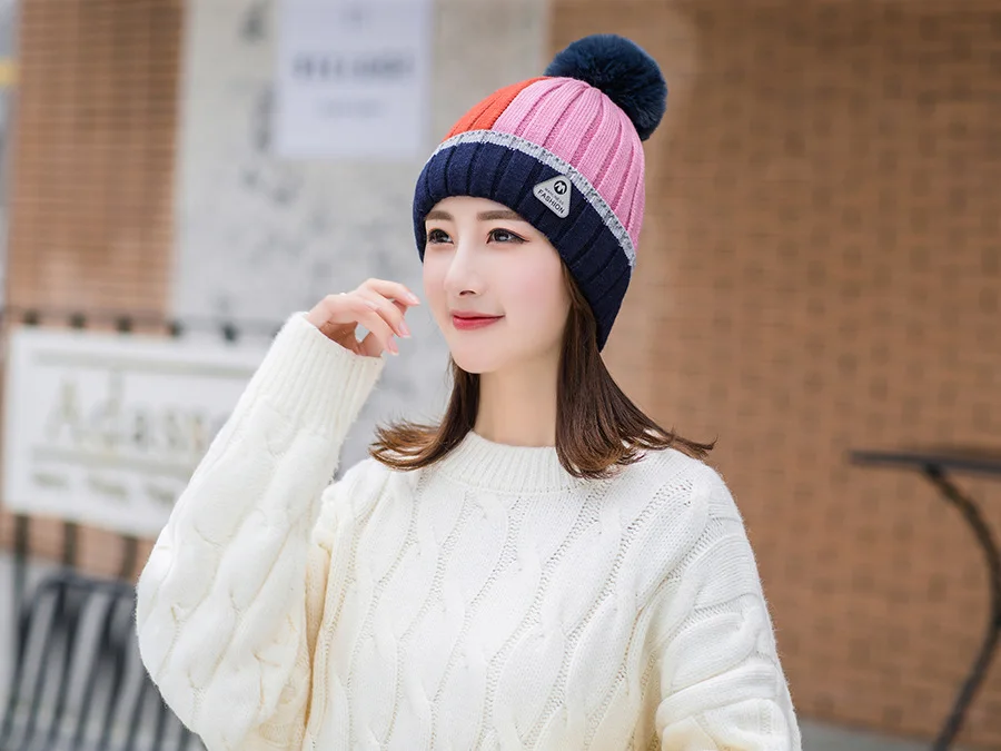 Унисекс женский Skullies& Beanies вязаный зимний теплый для катания на лыжах вязаная шапка бини оверсайз женские Лоскутные розовые шапки с бубоном