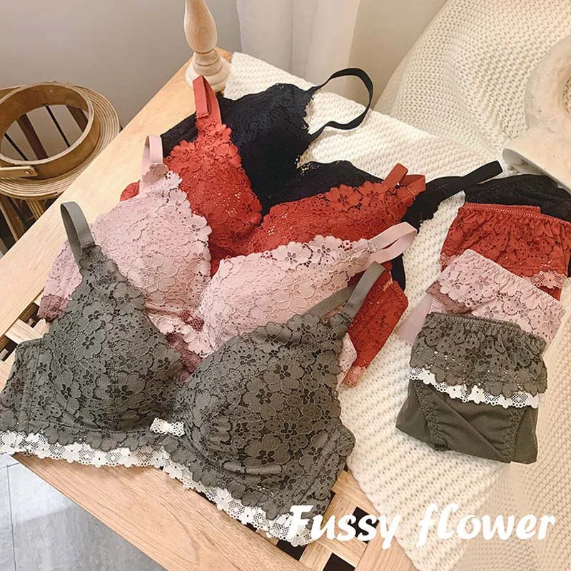 

Wasteheart Women Fashion Gray Orange Lace Trim Bow Padded Bras Bralette Cotton Panties Push Up Sexy Lingerie Sets Underwear A B