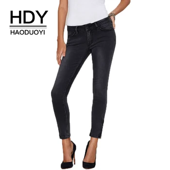 

HDY Haoduoyi Solid Black Women Casual Jeans Low Waist Buttons Fashion Slim Bodycon Female Basic Pant Zipper Pocket Lady Trousers
