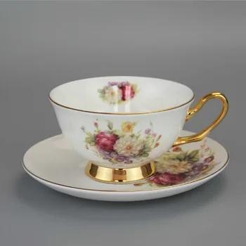 

200ml 6 Inch Flower Painting Gilded Ceramic Coffee Cup and Saucer Set Drinking Favor Gift for Wedding DEC343