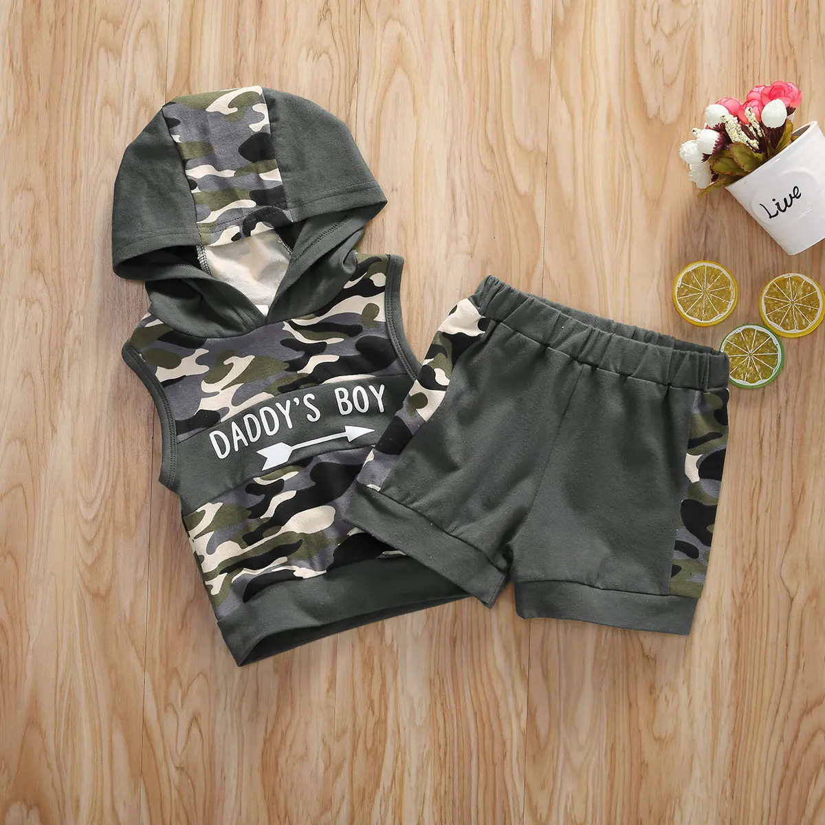 Summer Infant Baby Boy Camouflage Clothes Sets Sleeveless Hoodies Tops