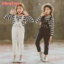 ShangTong/комплект одежды для девочек-подростков; осень г.; детская одежда для малышей футболка в полоску с длинными рукавами+ комбинезон для детей от 6 до 14 лет