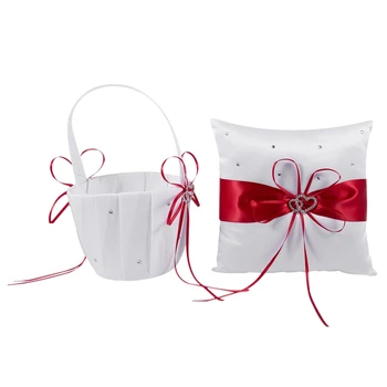 

2 Heart Rhinestones Ivory Satin Flower Girl Basket And Ring Pillow Set for Wedding Red