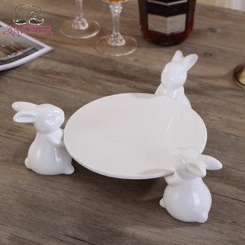 

Three Rabbits Shape Ceramic Cake Dessert fruit Plate Figurine Decorative Pottery Portrait Food Server Display Tray
