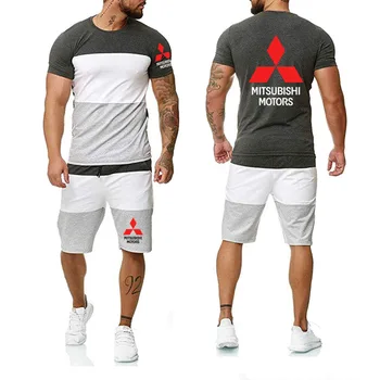 

New 2020 Summer Mens suits for Mitsubishi Car Logo Printed Casual Gradient High Quality Men's T-Shirt+Pants Suit 2Pcs K