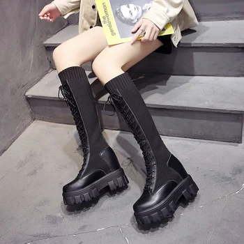 

2020 Hot Sale Spring Autumn Lacing Knee High Boots Women Fashion black Deed Heel Woman Leather Shoes Winter PU Large Size 34-39