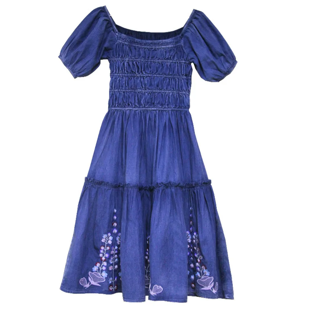 Summer Denim Dress 2020 Vintage Women Square Collar Dresses Short Sleeve Embroidery Elastic Waist Vestidos K82237 Girl's DRESS (23)