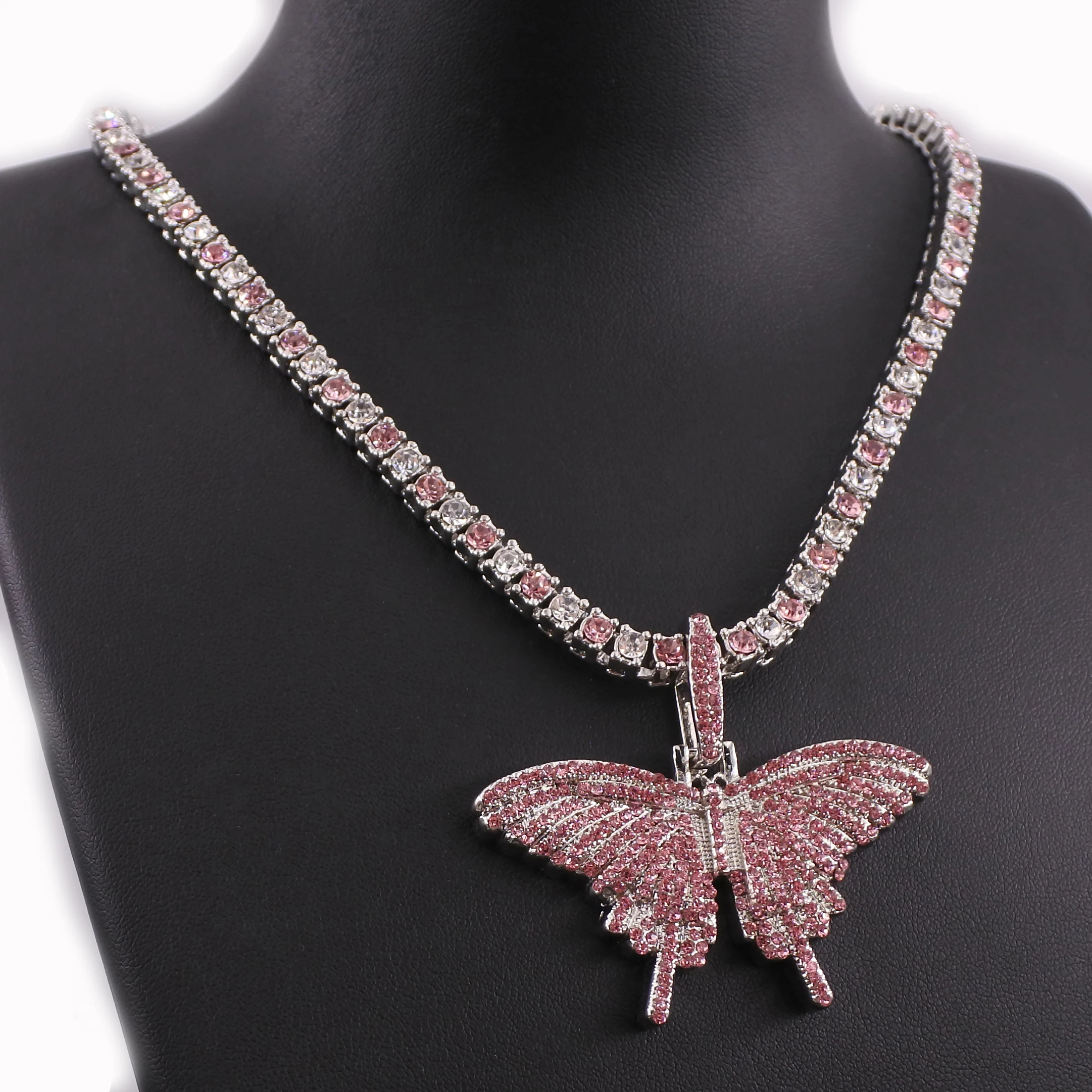 Blue White Crystal 1 Row Tennis Chain Small Butterfly Charm Women's Hip Hop Pendant Necklace Iced Out Men's Jewelry Pink Color