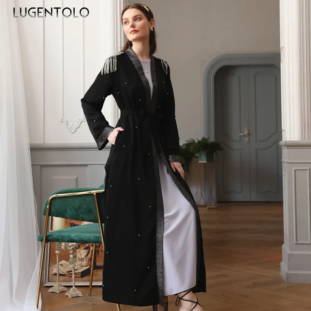 Lugentolo Elegant Women Vintage Dress Silver Silk Nail Bead Epaulettes Cardigan Fashion Muslim Black Abaya Simple Maxi Dresses