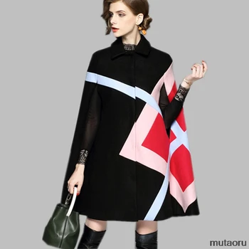 

Runway 2019 Autumn Winter Women Cloak Poncho lapel Wool Blends Coat Geometric Patchwork Batwing Sleeve Tweed Cape Outerwear