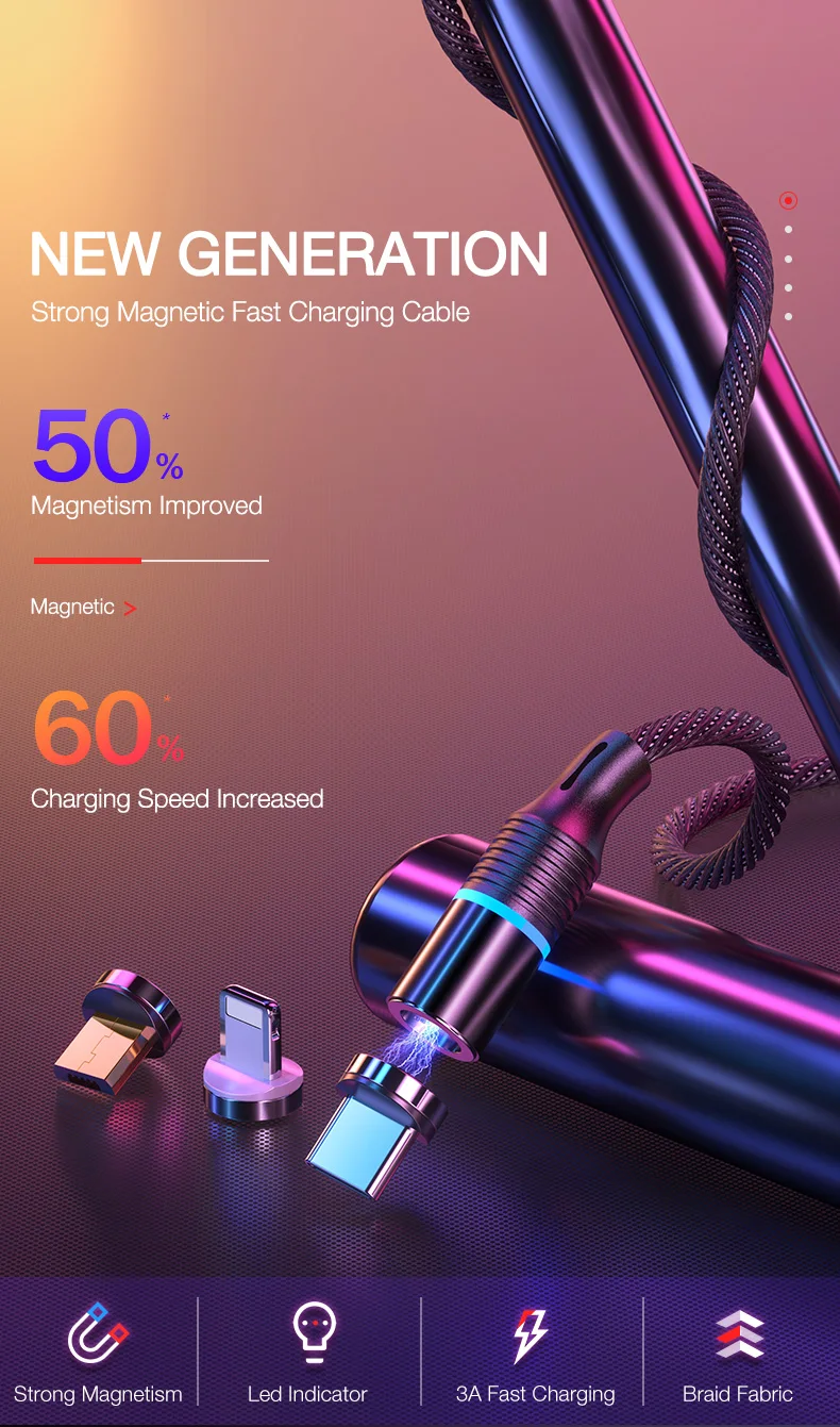 Cafele New LED QC3.0 Magnetic USB Cable for iphone Micro USB Type C 3 in 1 round multi function nylon charging cable For Huawei