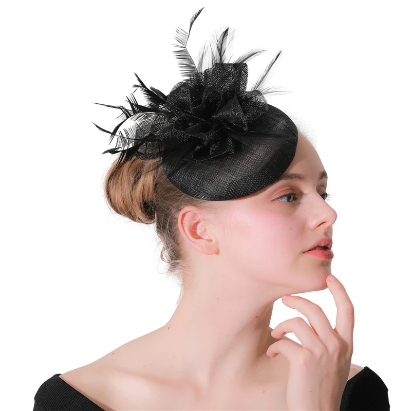 vintage millinery fedora hat Women Wedding hair fascinators hats navy beauty sinamay loops headpiece feather married headdress