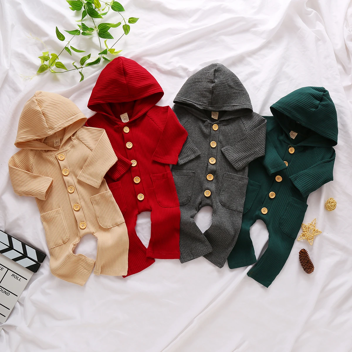 

Infant Newborn Baby Autumn Long Sleeve Ribbed Jumpsuit Hooded Romper with Pocket Solid Color Playsuit Outfit for Baby Boys Girls