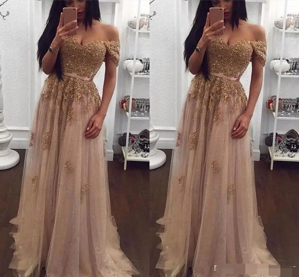 

Champagne Lace Beaded Arabic Evening Dress 2019 Sweetheart A-line Tulle Prom Dresses Vintage Cheap Formal dress