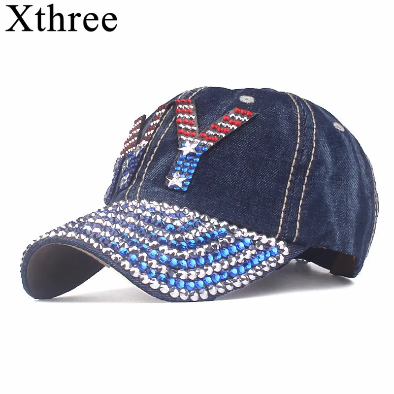 

Xthree American Flag Baseball Cap For men Snapback Hat Women Rhinestone letter denim Baseball Cap Bone Trucker Gorras