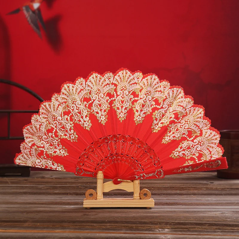 Chinese Flower Silk Lace Folding Hand Held Fan Wedding Dancing Party Prom LOT 