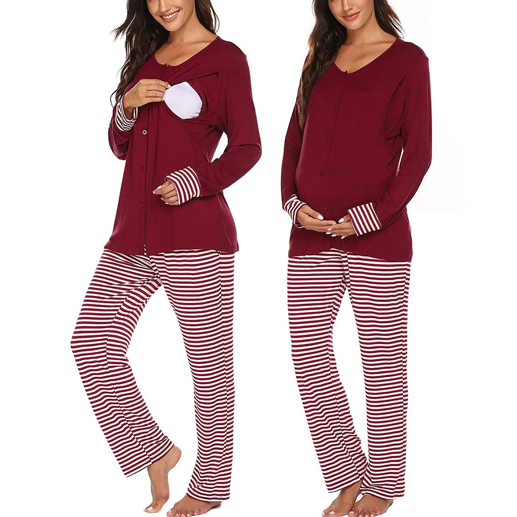 Комплект пижамы для кормящих женщин, одежда для беременных размера плюс, футболка с длинным рукавом+ полосатые штаны, пижамный комплект, модный костюм для беременных