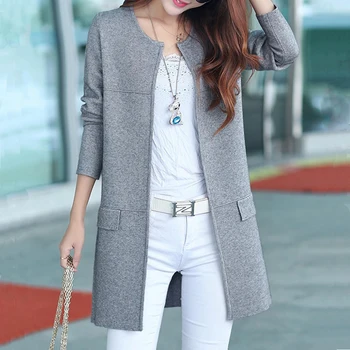 

Wool Blends Women 2019 Autumn Fake Pocket Long Cardigans Korean Office Lady Causal Loose Outwear Elegant Spring Windbreaker