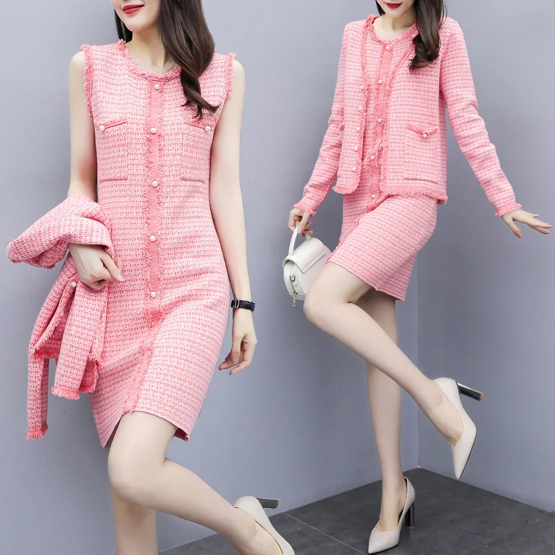 

Graceful Coat + Beads Vest Skirt Dress Knitted Women's 2019 New Style Short-height Online Celebrity Set