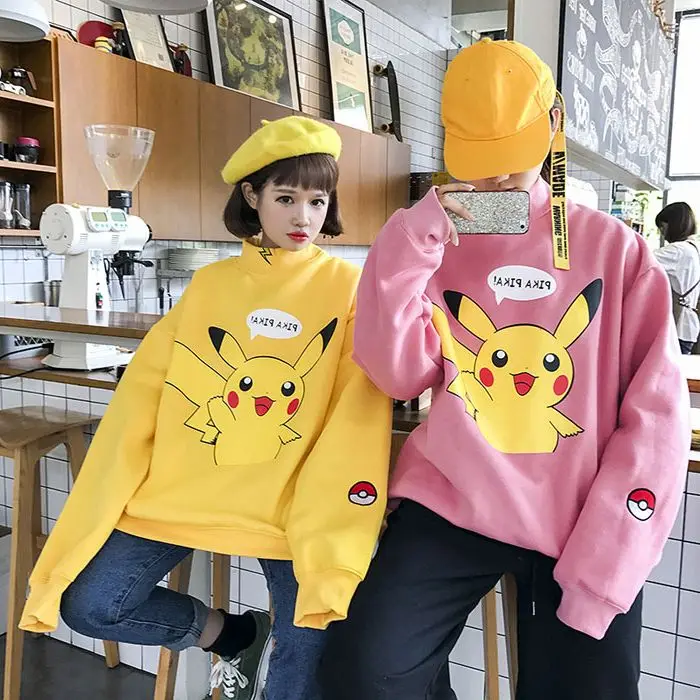 

2020 spring New Turtleneck Hoodies Pikachu Print Sweatshirts Harajuku Fashion Kawaii Tops Cartoon Pokemon Couples Pullovers