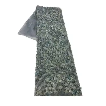 

5 Yards Best Price African Heavy Beaded Net Embroidery Lace Fabrics For Clothes Textile Handmade Green Mesh Tulle With Sequins