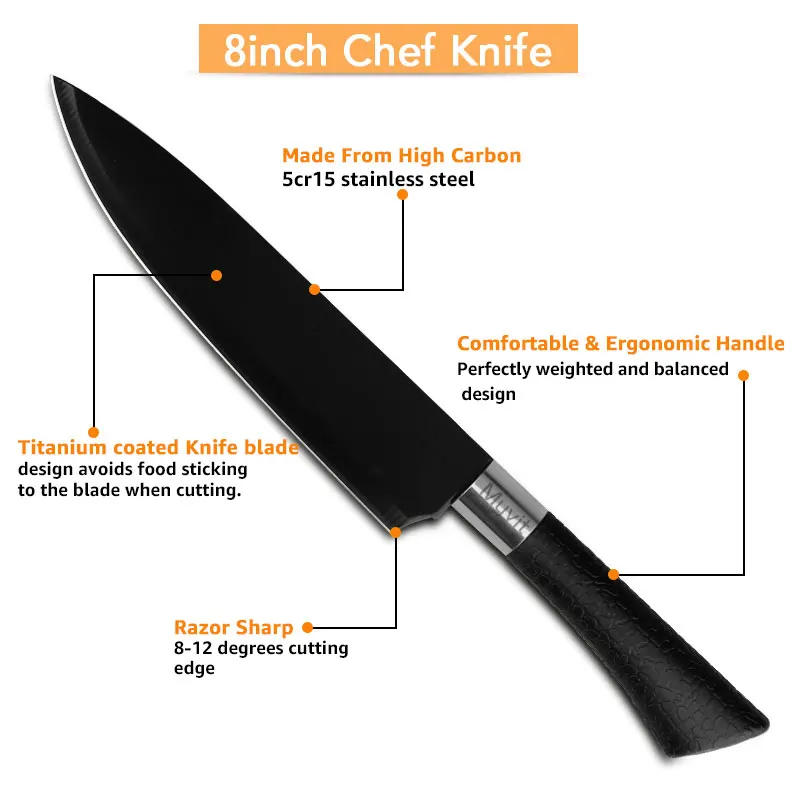 Chef Knives Stainless Steel Knives Tools Black Blade Paring Utility Santoku Chef Slicing Bread Kitchen Accessories Set Tools