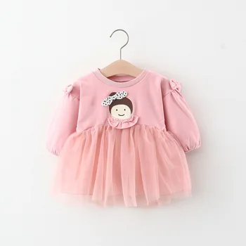 

Autumn Infant Girls Long Sleeve Cartoon Doll Patchwork Mesh Princess Ball Gown Tutu Baby Dress Cotton Kids Clothes vestidos