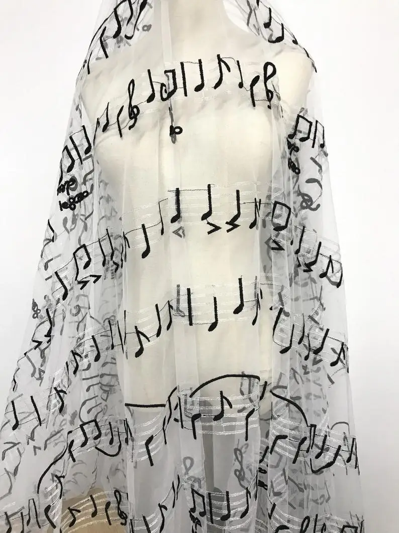 1 ярд Музыка Примечание ткань, музыкальные Примечания тюль ткань, черный Примечание и белый кружевной тюль для коктейльного платья, платья, свадебная вуаль