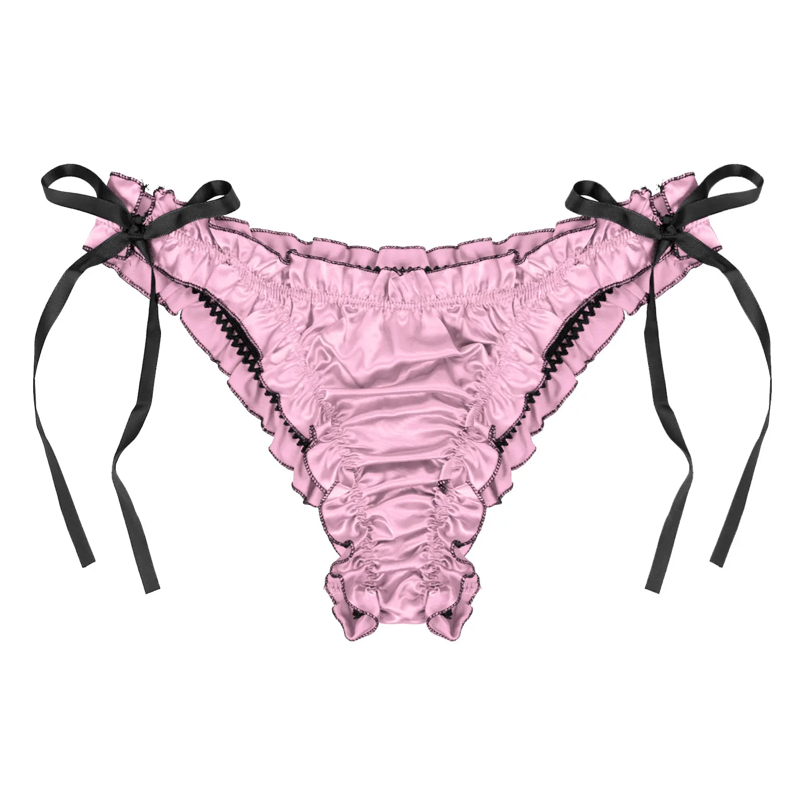 Men's Low Waist Panties Ruffles Satin Briefs Breathable Lace-up Pleated Trim Underpants Sissy Male Gay Underwear Sexy Shorts