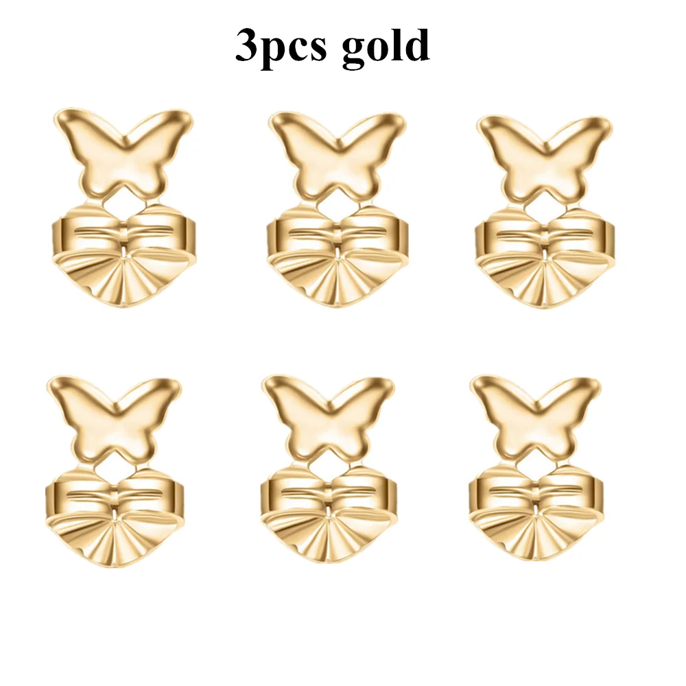 3pcs gold ROMAD Fashion Butterfly Stud Earrings Back Nut Lifter Lift Hypoallergenic Fits Post Earring Earlobe Support Earrings For Women - Окраска металла: 3pcs gold