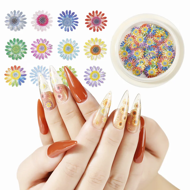 

12 Colors of Nail Sequins Cute Pink Mini Daisy Sun Flower Nail Supplies Decoration The Charm of 3D Flower Nail Designer