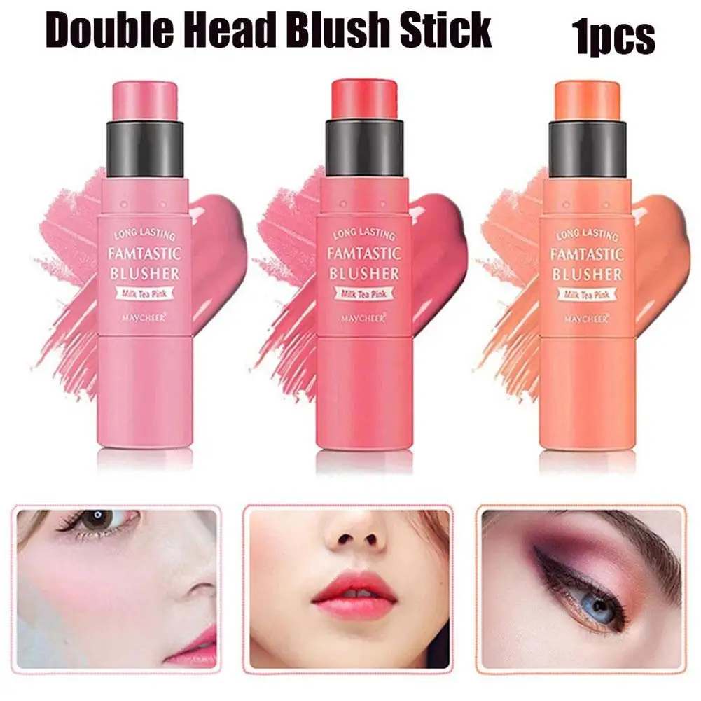 3 Colors Double-headed Blush With Brush Stick Face Moisturizing Brighten Powder Blusher Peach Orange Creamy Rouge Sticks Makeup blush stick