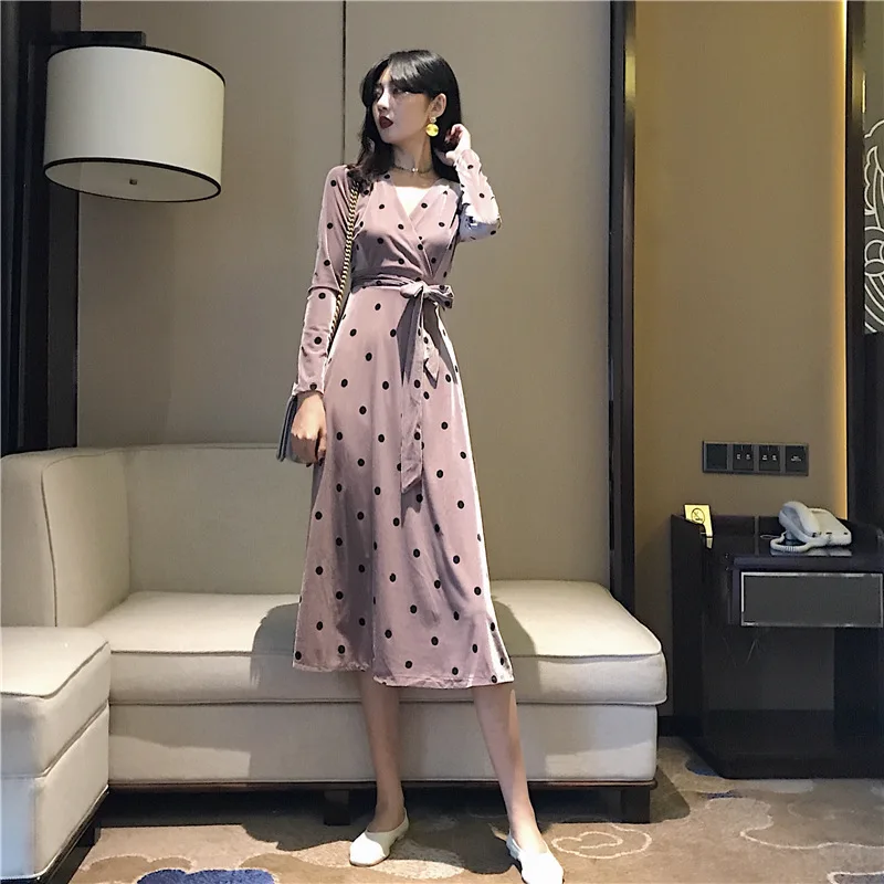 Платье для женщин 2019 новая корейская мода темперамент платье в горошек плечевой