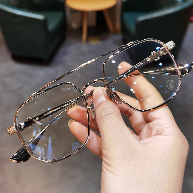 JIANDAN Men and Women Anti-Blue Light Wild Double Beam Irregular Large Frame Glasses Frame Equipped With Myopia Prescription CH8034 Silver