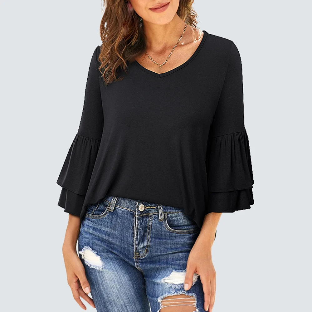 

Women Summer Pure Color Blouse O Neck Flared Sleeve Loose Casual Tee Tops HT056