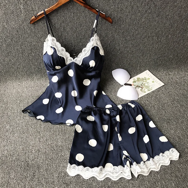 Polka Dot Spaghetti Strap Pajamas for Women Silk Night Suits Satin Pyjamas Women Sexy Pijama with Chest Pad Lingerie Sleepwear