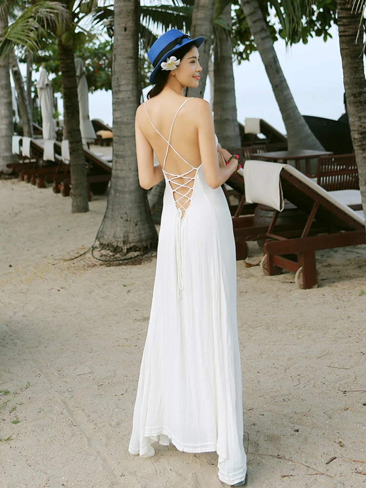 

Sexy Backless Holiday Beach Dress Woman Bohemian Camiso Dress Maxi Long Seaside Beach Dresses Vestidos De Verano