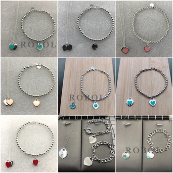 

High Quality Original 925 Sterling Silver Heart Shaped Bracelet Necklace Set Multicolor Optional Woman Jewelry Free Shipping