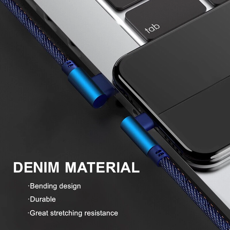 0.25m 1m 2m Denim Micro USB Cable 90 Degree Elbow Plug USB Cord For Samsung Mobile Phone Charging USB For Xiaomi Huawei iphone