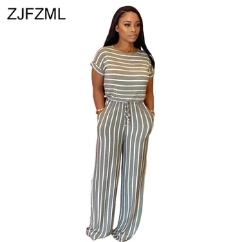 

Orange White Stripe Print Romper Women Jumpsuit Round Neck Short Sleeve Wide Leg Playsuit Casual High Waist Loose Club Bodysuit