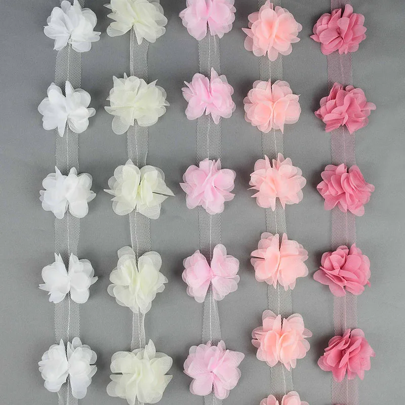 2Yards 24Pcs Flowers 3D Chiffon Cluster Flowers Lace Dress Decoration Lace Fabric Applique Trimming DIY Crafts Sewing Supplies