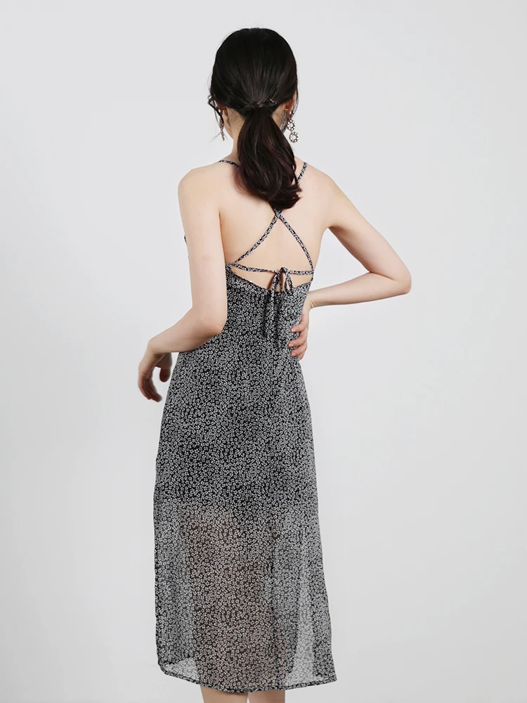 

Ladies Fashion Floral Dress V Neck Spaghetti Strap Midi Dresses Women Summer Chiffon Beach Sundress Vestidos robe femme