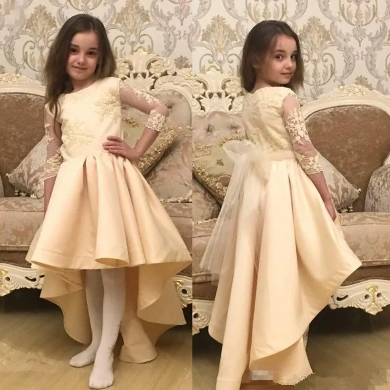 304High Low Flower Girl Dresses For Wedding Gowns 2018 34 Long Sleeve Lace Applique Scoop Neck Flowergirl Dress For Girls Custom Made
