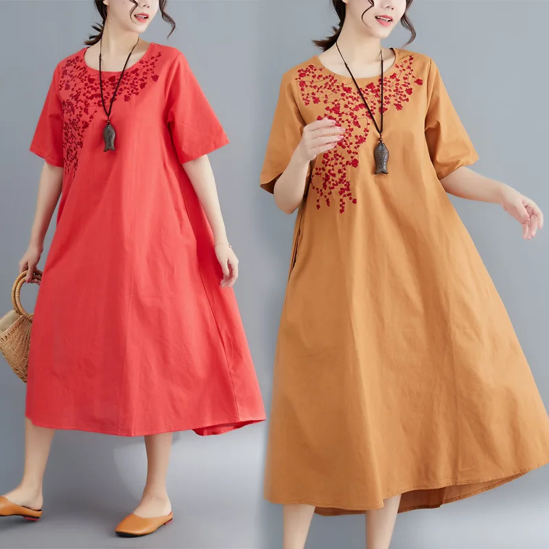 

2019 Summer New Style Korean-style Loose Short Sleeve Cotton Linen Dress Embroidered A- line Skirt Women's Fashion