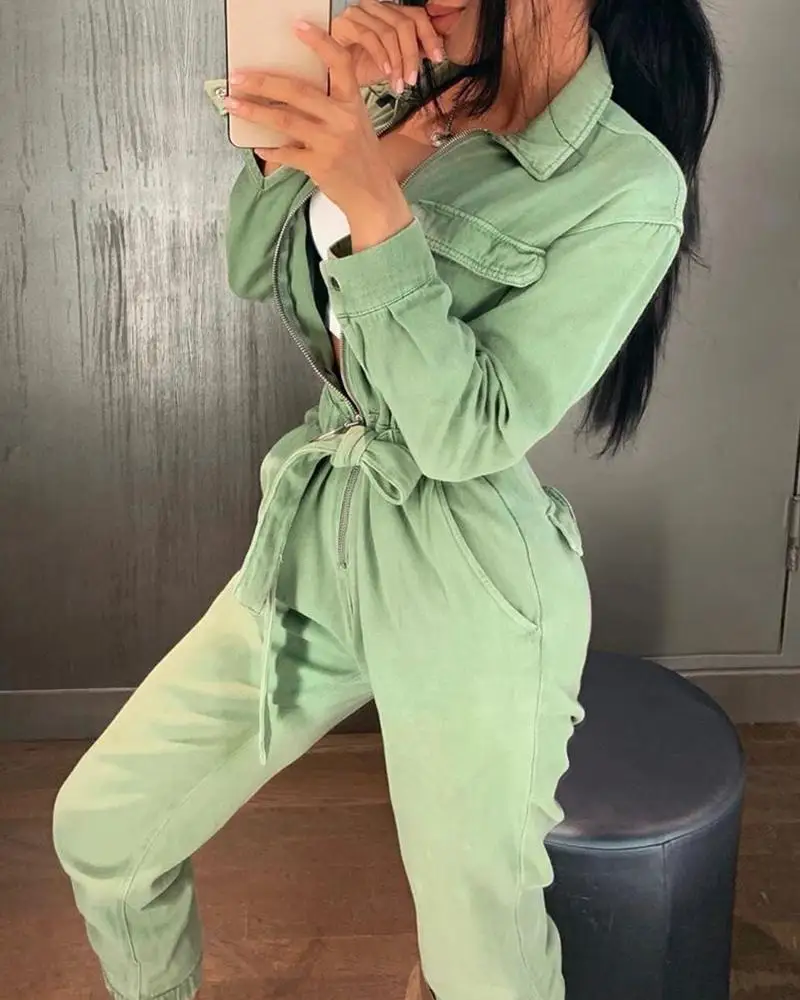 Casual Cargo Cotton Female Jumpsuits Green Sash Pocket Sport Womens Jumpsuit Romper Chic Autumn Winter Ladies Overalls 2020