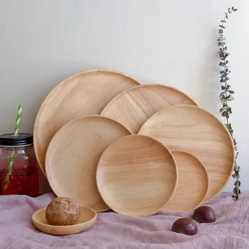 

Round Solid Wood Plate Whole Wood Fruit Dishes Wooden Saucer Tea Tray Dessert Dinner Breakfast Plate Tableware Set
