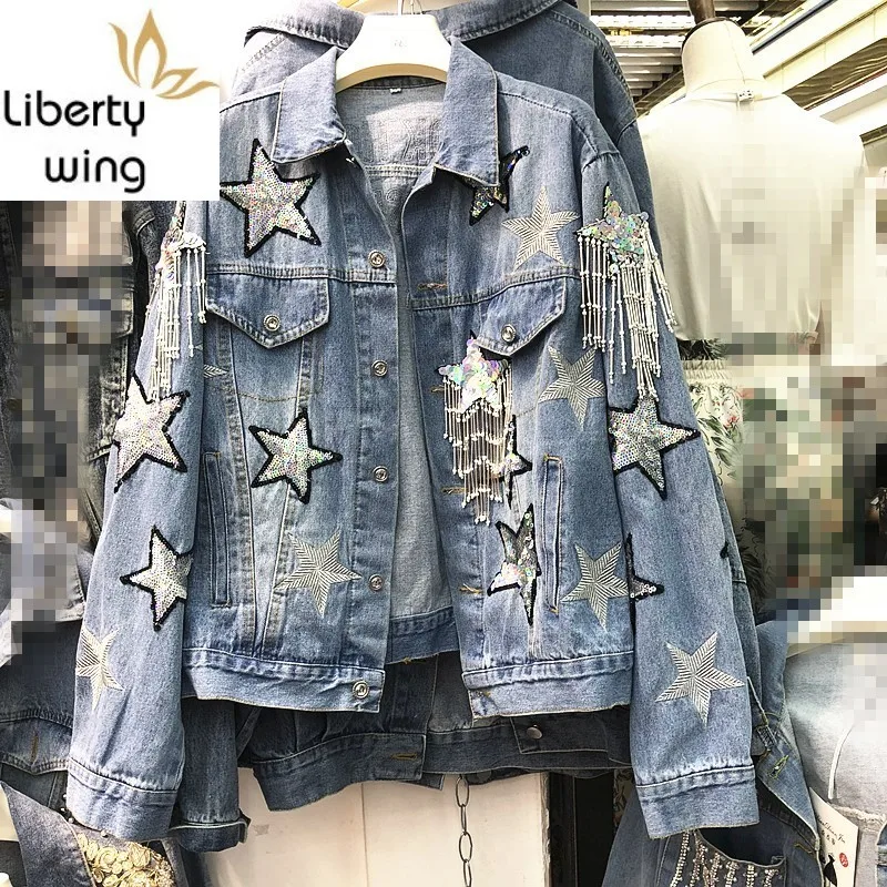 

Chic Pentagram Embroidery Sequins Beading Tassel Womens Denim Jackets Sping Casual Single Breasted Loose Female Outerwear Coats