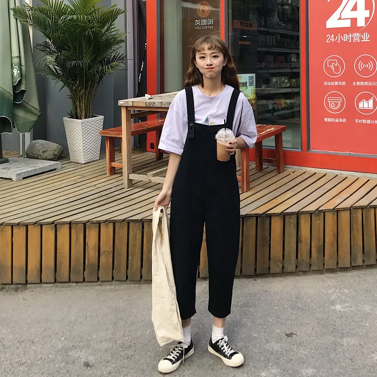 Cute Casual Suspender Pants Women's Korean-style by Age College Style Straight-leg Pants Loose-Fit Solid Color Versatile Si